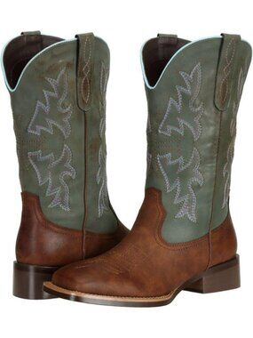 Women's Brown Turquoise Square Toe Western Country Distressed Cowgirl Boots